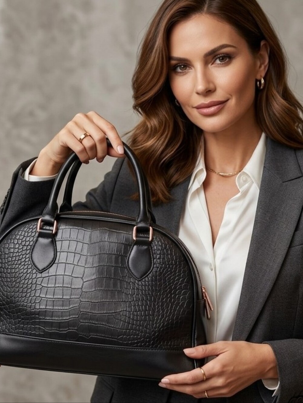Croc-Embossed Bowling Bag / Handbag – Black